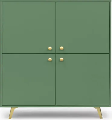 A green four-door cabinet with gold knobs and legs, presented on a white background.