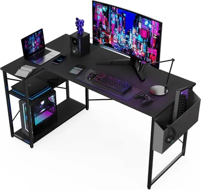 Produktbild von Eckschreibtisch – Schreibtisch mit Ablagefläche – Ideal für Homeoffice und zum Lernen – Umkehrbare Aufbewahrungsablagen – 100x70 cm – Schwarz