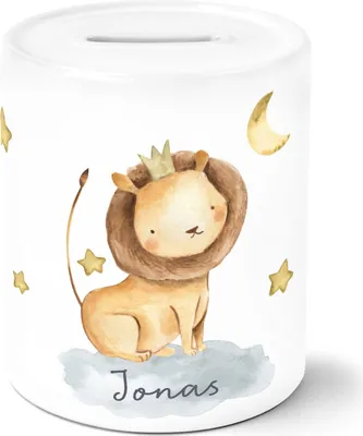 Produktbild von Kinder Spardose mit NamenTier-Motive Nashorn Löwe Elefant Watercolor Sparschwein Keramik SpecialMe® Löwe weiß unisize