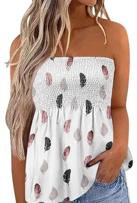Produktbild von Trägerloses, gerafftes Tube-Top mit Falten und Blumenmuster für Damen, ärmellos, Weiß, Größe M