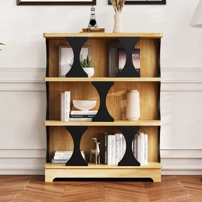 A wooden bookshelf with black decorative elements, filled with books and decorative items, placed in a room.
