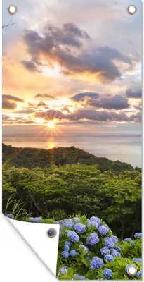 Produktbild von MuchoWow® 40x80 cm Outdoor-Poster Gartendeko Sichtschutz Garten Poster für den Garten  Sonnenuntergang mit Hortensien