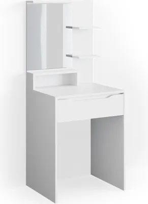 A white vanity table with a mirror and shelves.