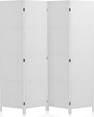 A four-panel room divider made of white textured paper and wood.
