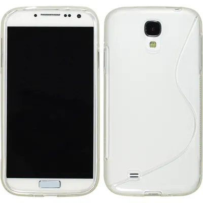 A white Samsung Galaxy S4 phone with a clear protective case, shown from the front and back.