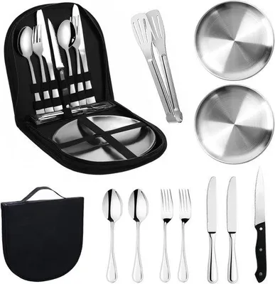 Produktbild von Famanu Campingservierset 12-teilig - Edelstahl für 2 Personen