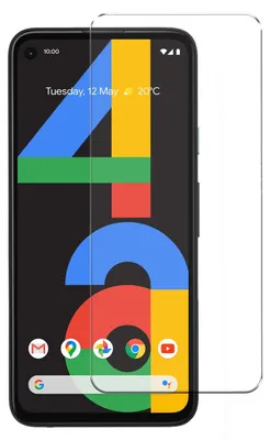 A screen protector is placed over a smartphone screen displaying the Google Pixel 4a interface.