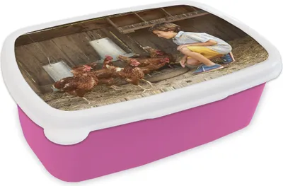 Produktbild von KitchenYeah® Lunchbox Brotzeit Brotdose 17x11 cm Junge - Hühner - Hühnerstall Kinder Brotzeitdose - Lunchpaket - Brotkasten  - Sandwich Box