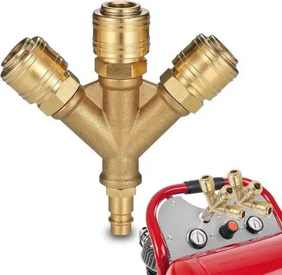 Image de Distributeur d'air à trois voies avec raccord rapide pour compresseurs - Raccords 1/4 pouce