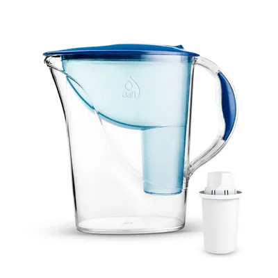 A clear studio shot of a Dafi water filter pitcher and a separate filter cartridge.