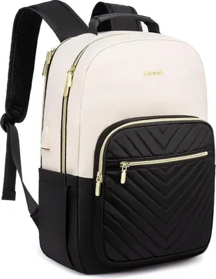 Produktbild von LOVEVOOK Damenrucksack, 15,6-Zoll-Laptop-Rucksack, Schulrucksack, Mädchen, Teenager, mit Laptopfach, wasserdicht, für Schule, Reisen, Universität, Business, Beige, Schwarz