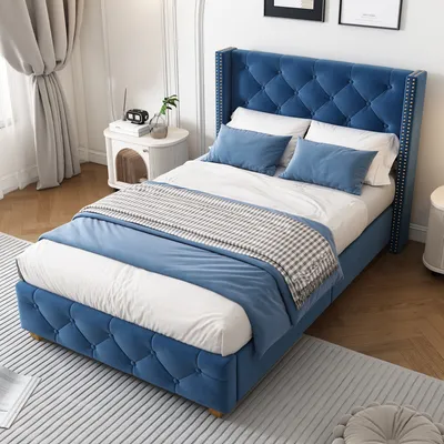Produktbild von okwish Polsterbett Einzelbett 90×200cm mit Lattenrost und Kopfteil, Knopfpolsterung, Nietenpolsterung, Samt, Blau,Ohne Matratze