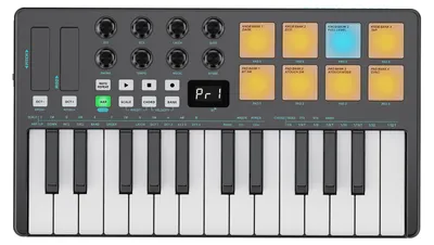 Produktbild von 25-Tasten-MIDI-Keyboard-Controller mit Bluetooth, MIDI-Pads, RGB-Hintergrundbeleuchtung, drucksensiblen Tasten, Arpeggiator-Funktion und Akkordfunktion, für Computer und Smartphone, schwarz