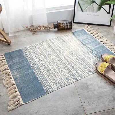 Produktbild von Boho-Handgeweven-Kwastje-Tapijt 60x90cm blauw Gooikleed