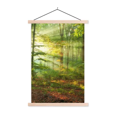 Produktbild von MuchoWow® Textilposter Sonne - Wald - Bäume - Natur - Herbst 60x90 cm mit holzfarbenen Rahmen - Textil