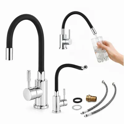 Produktbild von AjieQAQ Küchenarmatur Flexibel mit Schwenkbarem Auslauf Hochdruck Wasserhahn Edelstahl Chrom Schwarz