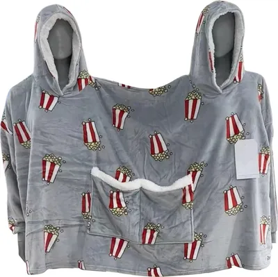 Produktbild von Intimer Paar-Pyjama mit Kapuze, Popcorn-Aufdruck und Doppeltasche, dicker Plüsch, lange Ärmel, integrierter Zwei-Bademantel, übergroße Nachtwäsche