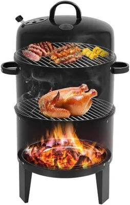 Productafbeelding van 3-in-1 rookoven, grill en smoker - 40 cm, houtskoolgrill met thermometer en deksel, 2 niveaus, BBQ-rookoven voor grillen, roken en stoven