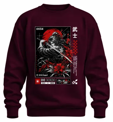 Imagen del producto de Sudadera con cuello redondo, estilo "katana de samurái", con motivos de flores japonesas, color rojo, estilo Y2K, diseño de "Higanbana" (lirio de agua), color burdeos, talla S