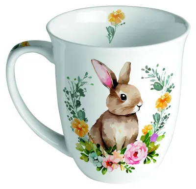 Produktbild von Teetasse Kaffeetasse Henkelbecher Porzellan 0,4l Ostern Hasen Blumen Gräser