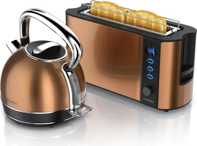 Image de Arendo Breakfast Set acier inoxydable, bouilloire avec réglage de la température 1,7l, grille-pain 2 disques à fentes longues, grille-pain 2 disques, bouilloire vintage, grille-pain avec support pour petits pains, cuivre