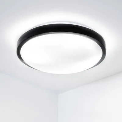 Produktbild von LUMILED LED Deckenleuchte 2 x E27 Fassung IP44 30cm schwarz weiß Deckenlampe Wohnzimmer Deckenstrahler rund Panel Decke außen Korridor Keller Balkon Badezimmer