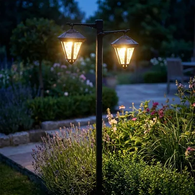 Produktbild von Solar Vintage Doppel Laterne höhenverstellbar - 136 x 43 cm - LED Garten Deko Retro Laterne warm weiß