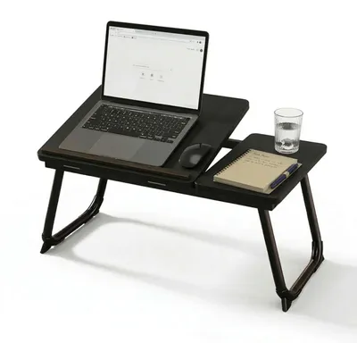 Immagine prodotto di Relaxdays Tavolino per laptop da letto e divano, tavolino da letto pieghevole, effetto legno, regolabile in altezza, vassoio da letto, metallo, nero, Immagine generata dall'IA