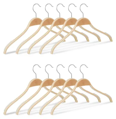 Produktbild von Relaxdays Kleiderbügel Holz 10er Set, rutschfeste Lamellen, natürliche Optik, 360° drehbarer Haken, stabil, 42 cm, natur