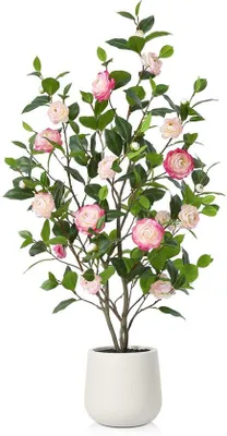 Produktbild von Kunstmatige Camellia-Blumenstrauch 120 cm in Weißer Keramik-Topf mit 30 Blumen für Wohnzimmer, Büro, Balkon, Garten, Dekoration