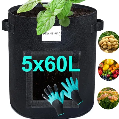 Produktbild von Pflanzsack 5X 60L aus Vliesstoff, Pflanzen Tasche mit 1 Gartenhandschuhe, Pflanztopf Pflanzensack für Kartoffeln,Tomaten, Blumen, Pflanzen, Gemüs
