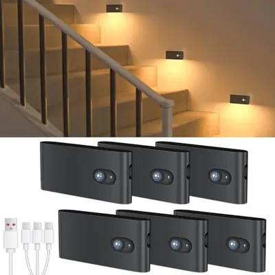 Produktbild von Willed Black LED Night Light -Bewegungssensor, Pack 6 Batterie, Treppe wiederaufladbar (ohne Stecker), Schlafzimmer, Wohnzimmer, Flur, Küche, Badezimm