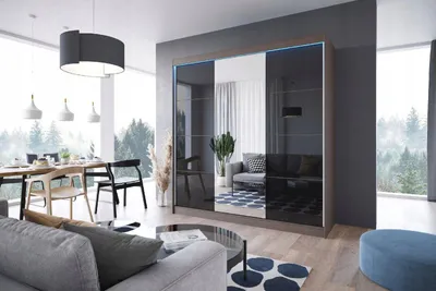 Zdjęcie produktu dla Duża szafa przesuwna LACO 180cm wenge - fronty szkło lacobel, w 3 kolorach do wyboru, duże lustro, w komplecie z półkami, drążkami, prosty montaż
