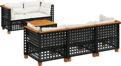 Productafbeelding van vidaXL 6-delige tuinmeubelset met kussens, zwart, polyrotan