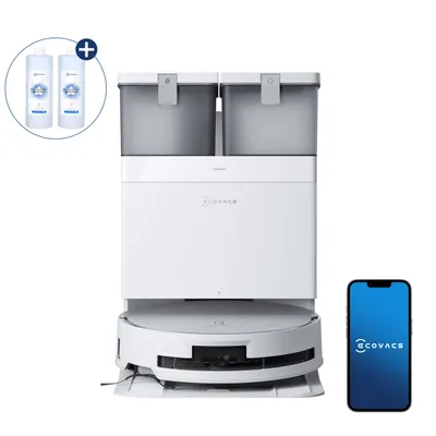 A white ECOVACS DEEBOT X8 OMNI robot vacuum cleaner and its charging station are displayed against a white background. Two bottles of cleaning fluid and a smartphone displaying the ECOVACS app are also included in the image.