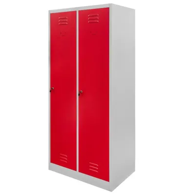 Zdjęcie produktu dla Szafa szafka ubraniowa BHP socjalna metalowa Mega-M J-80 2-drzwiowa z przegrodami szara/czerwony front 80x50x180 cm skręcana