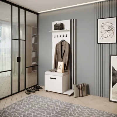 Image de Armoire LIVIA - Armoire haute avec cintres, armoire à chaussures, blanc, lamelles noires, coussin d'assise beige clair, à droite