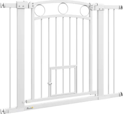 Produktbild von Haustiertor, 77 cm Treppengatter, verstellbare Breite 76-104 cm, mit Katzentür, für Treppen und Türöffnungen, Weiß
