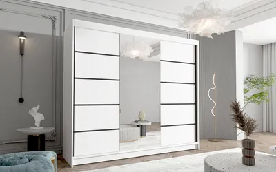 Produktbild von Schwebetürenschrank Netro VI 250 cm mit Spiegel - Groß Kleiderschrank, Schiebetürenschrank mit Kleiderstange und Einlegeboden, Schlafzimmerschrank, Schiebetüren, 250x215x58 cm (Weiß)