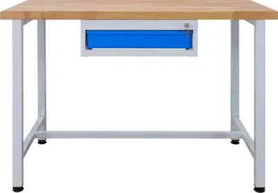 Produktbild von Werkbank Rhino mit Einzelschublade | HxBxT 84x120x60cm | Traglast 300kg | Lichtgrau/Lichtblau