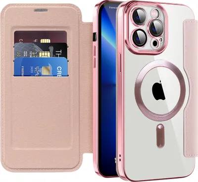 Immagine prodotto di Custodia per iPhone 13 Pro Max compatibile con MagSafe, custodia trasparente con portacarte, custodia in pelle con protezione della fotocamera Rosa