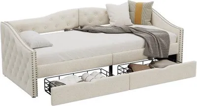 Zdjęcie produktu dla Łóżko pojedyncze z stelażem z listew, 90 x 200 cm, beżowe, z dużą przestrzenią do przechowywania, z funkcją wysuwania