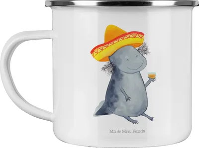 Produktbild von Mr. & Mrs. Panda Emaille Tasse Axolotl Tequila - Weiß - Geschenk, Sombrero, Pott, wanderbecher, Teetasse, trinken, Party, Urlaub, Motivation, Becher, Mexiko, Haferl