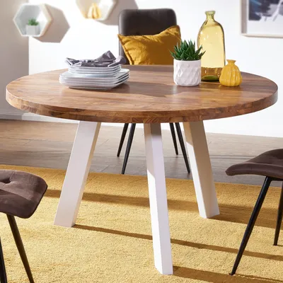 Produktbild von Wohnling Esszimmertisch rund 130 cm Sheesham Massiv Esstisch Runder Holztisch mit Metallbeinen Massivholztisch Esszimmer Küchentisch Massivholz