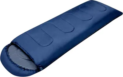A blue sleeping bag is shown lying on a white background.