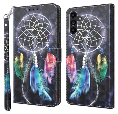 Produktbild von CLM-Tech Hülle kompatibel mit Samsung Galaxy A14 5G - Tasche aus Kunstleder - Klapphülle mit Ständer und Kartenfächern, Traumfänger schwarz bunt
