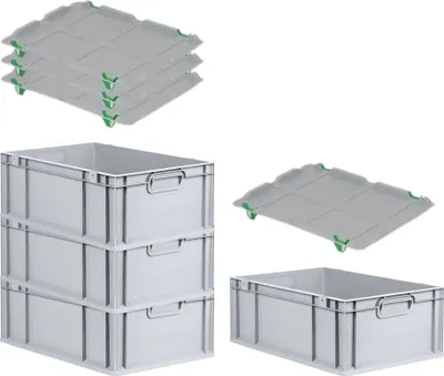 Produktbild von SuperSparSet 4x Eurobox NextGen Economy mit Auflagedeckel und 4x Schiebeschnappverschlüsse Grün | Griffe geschlossen | HxBxT 22x40x60cm | 44 Liter | Eurobehälter, Transportbox, Transportbehälter, Stapelbehälter