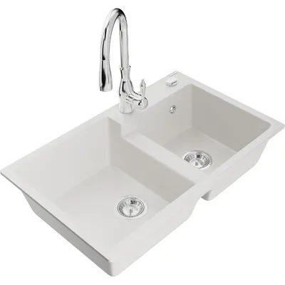 Obrázek produktu pro Mexen Tomas 2-miskový granitový dřez s kuchyňskou baterií Savita, Bílá - 6516-20-672601-00