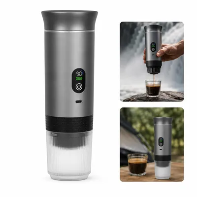 Produktbild von Tragbare Camping Kaffeemaschine USB, 20 Bar Espresso Kapselmaschine, 0,5L Mini Kaffeekocher mit Akku & LED Display für Reise & Outdoor