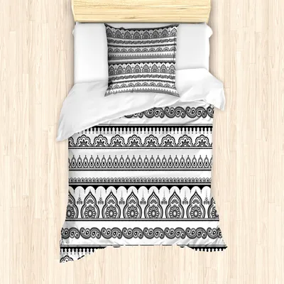 Produktbild von ABAKUHAUS Henna Bettbezug Set für Einzelbetten, Östliches Tätowierungsdesign, Milbensicher Allergiker geeignet mit Kissenbezug, Weiß Schwarz